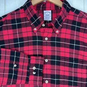 Brooks Bros Flannel Shirt Mens Large Red Black Plaid Button Down Brooks Brothers